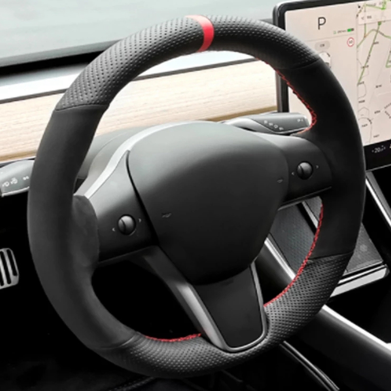 Car Steering Wheel Cover Anti Slip Breathable - Ręcznie szyty antypoślizgowy zamszowy pokrowiec na