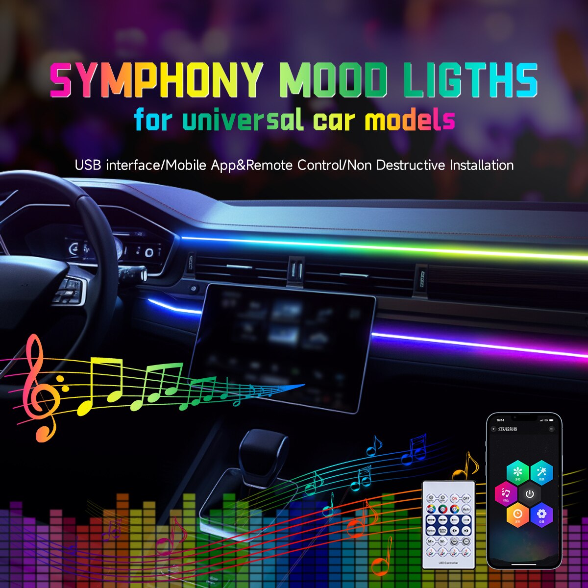 Led Ambient Interior Car Lights App Control - Samochodowe oświetlenie otoczenia LED USB 64